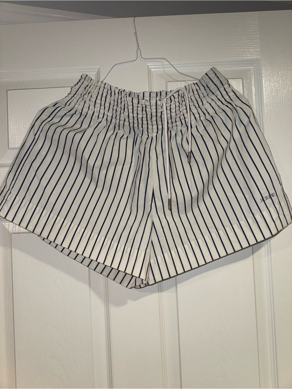 J. Crew White Shorts with Navy Pinstripes